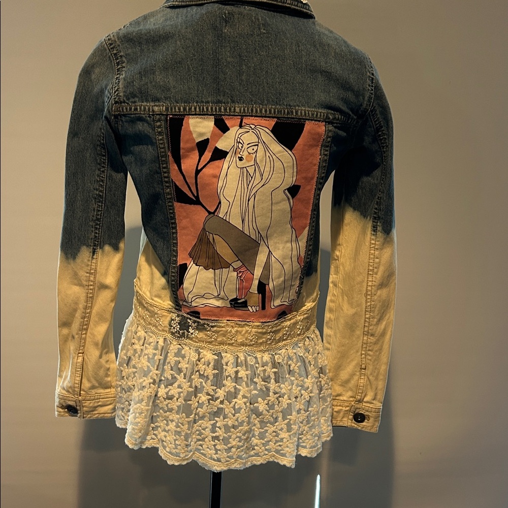 Denim Jacket with custom gothic/grunge girl  fabric detail work.